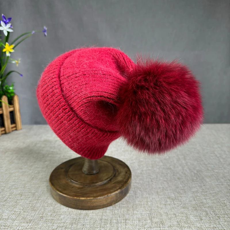 New Angora fur winter hat For Women children fox fur pompom hats Beanies Luxury Big size Bonnet Female Soft Warm Skullies hat 4