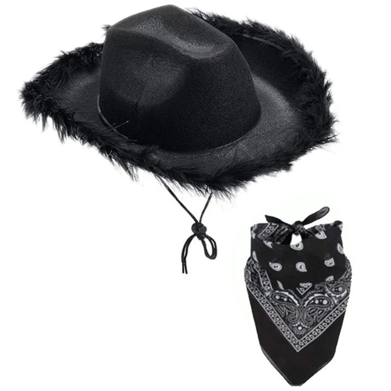 Cowboy Costume Set Western Wide Brims Cowgirl Hat Print Scarf Bandanas Adult NightClub Party Roleplay Headwear 2PCS