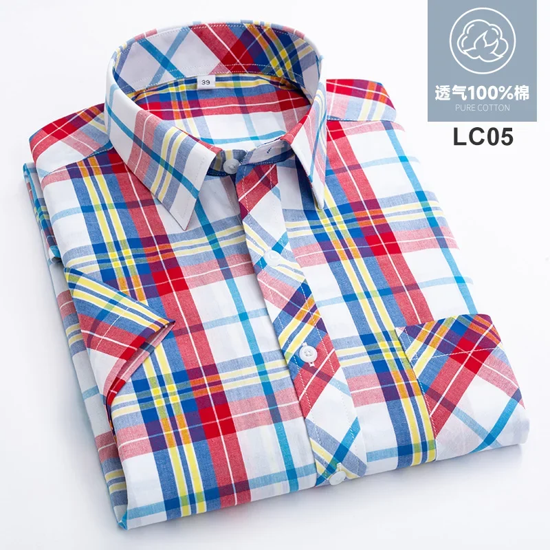 Fashion Korean Popular Clothes 100%cotton Short Sleeve Shirts for Men Slim Fit Casual Plain Shirt Thin Plaid Hawaiian Soft Tops 6