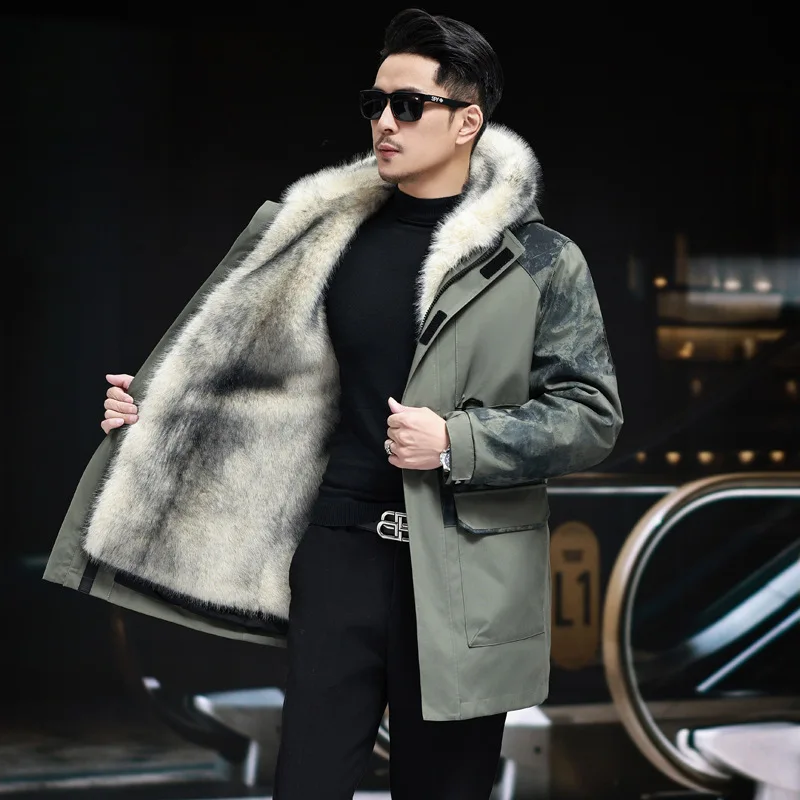 남성용 파카 코튼 재킷 인조 밍크 퍼 안감 탈부착 가능 두꺼운 따뜻한 겨울 코트 야외 작업복 방한 스톰수트