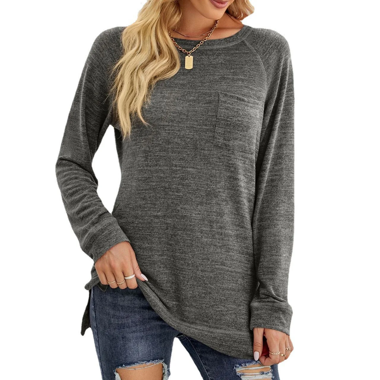 

Scoop Neck Causal T Shirts Women 2022 Autumn Streetwear Loose Fit Long Sleeved Tops Tee Pockets Split Sexy T-shirt Tunics