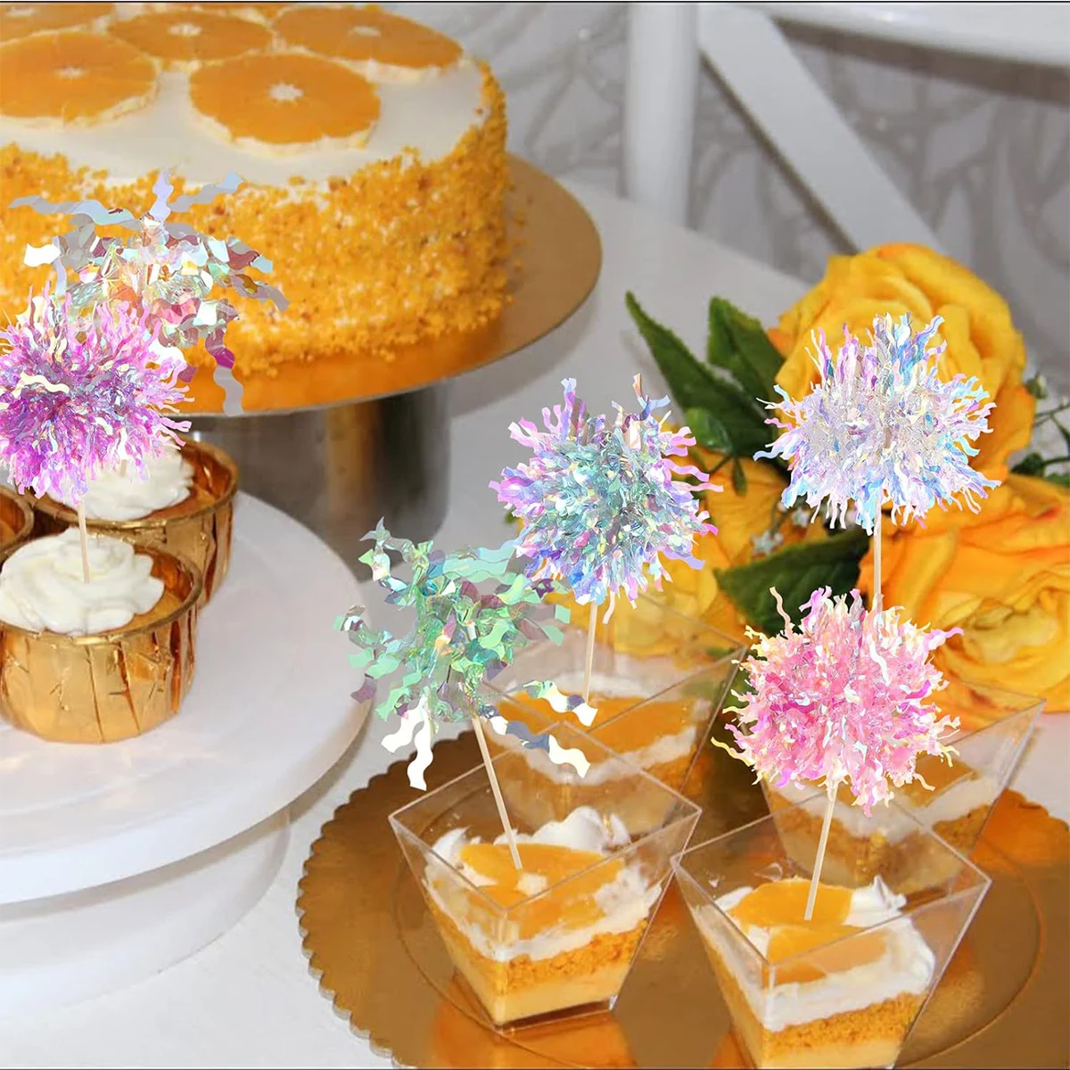 50-Pack Foil Firework Cupcake Toppers - Sparkle Tinsel Cake Decorations For Parties