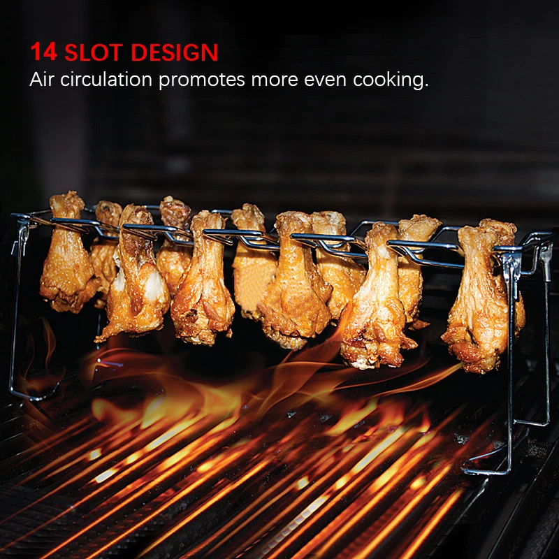 BBQ Beef Chicken Leg Wing Grill Rack 14 Slots Stainless Steel Barbecue Drumsticks Holder Oven Roaster Stand with Drip Pan Tools