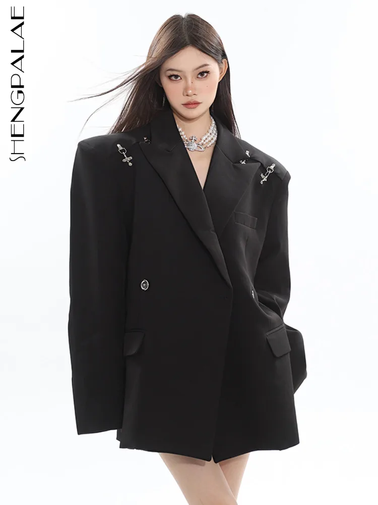 

SHENGPALAE Minority Casual Blazer For Women Fashion Single Breasted Loose Full Sleeves Black Coat Autumn 2024 New Overcoat R4646