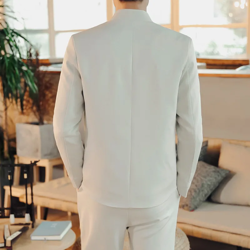Men's Business Casual Suit 2 Piece Chinese Vintage Style Men Wedding Embroidery Dress Clothing Blazers and Drawstring Pants