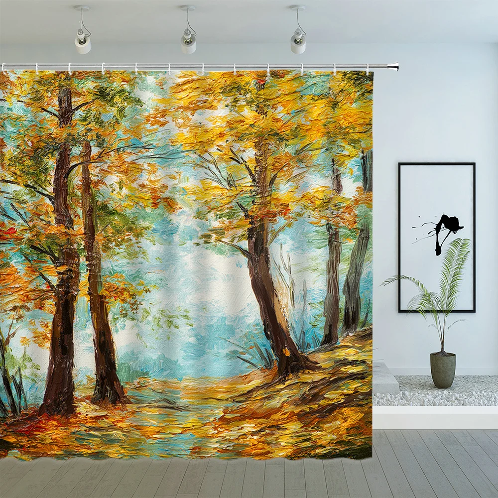 

Oil painting Misty Forest Shower Curtain Waterproof Fabric Ombre Nature Tree and Mountain Bath Curtains Decor Bathroom Screen