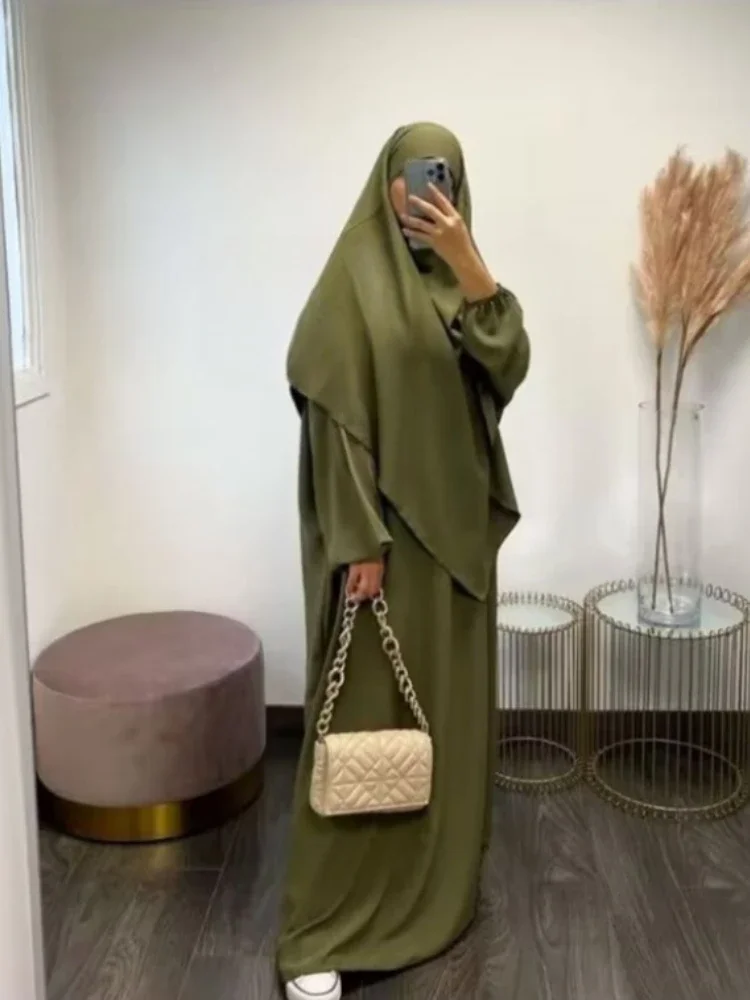 Abaya with Khimar Long Hijab Jilbab 2 Piece Set Matching Muslim Dress Women Ramadan Eid Prayer Garment Niqab Islam Dubai Burqa