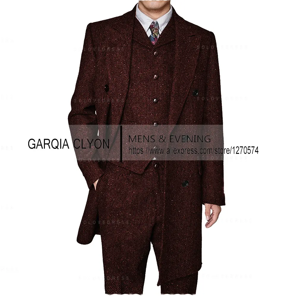 3 Pieces  Men's Suits Formal Single Breasted Slim Fit Herringbone Tweed Wool Middle Long Style  Groomsmen (Blazer+Vest+Pants) 4