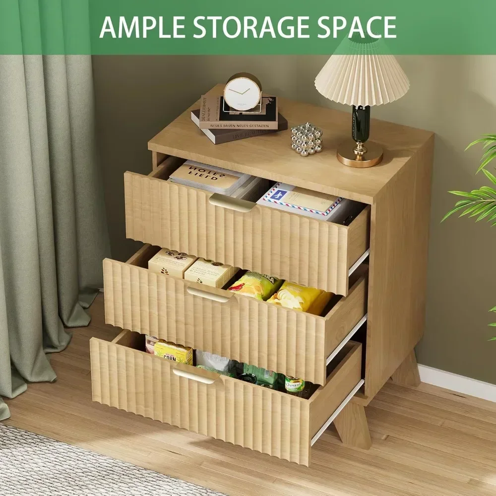 Mid-Century Modern 24" Wide Fluted Nightstand with 3 Drawers and Metal Handles