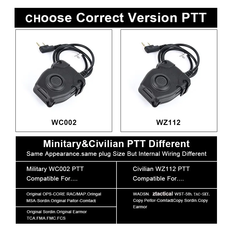 Wadsn Tactical PTT Push-Talk Button Military Headset Comtact Headphone Motorola Kenwood Icom Midland Plug Baofeng Radio