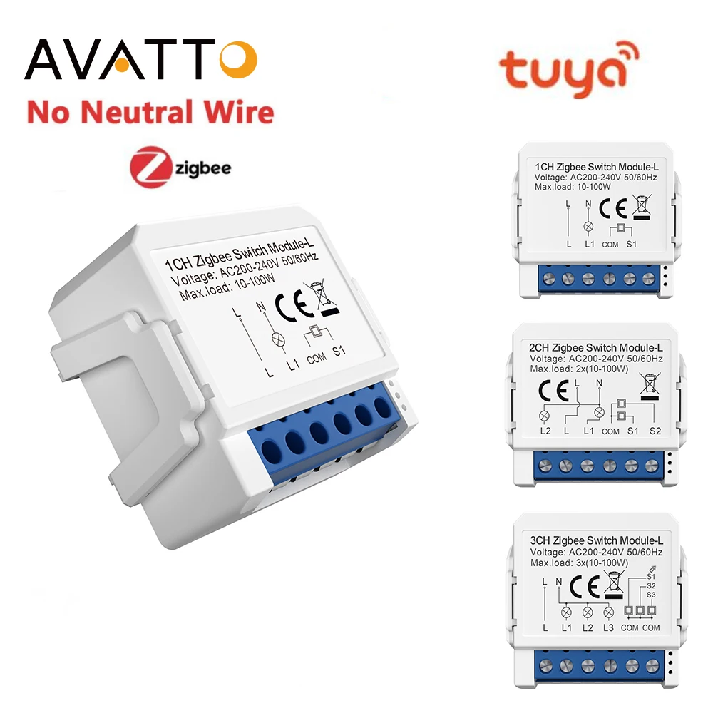 Smart Switch AVATTO Tuya ZigBee Smart Light Switch No Neutral Relay Module 1/2/3 Gang Smart Life/Tuya App Control