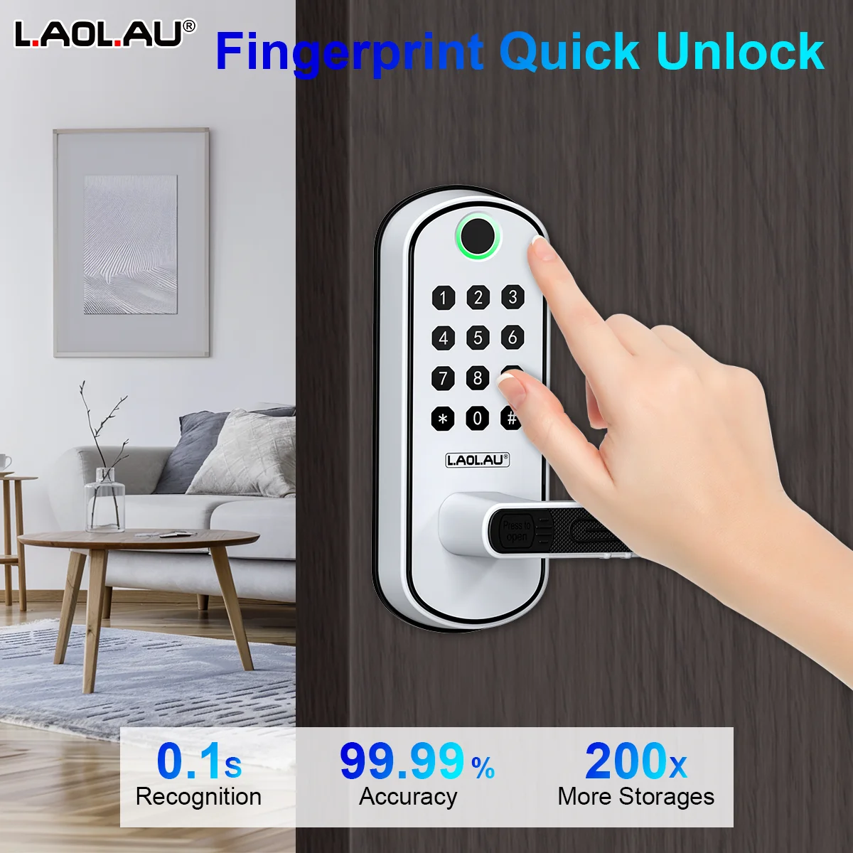 LAOLAU B04 สมาร์ทลายนิ้วมือประตูล็อคWIFIดิจิตอลหน้าจอสัมผัสล็อคTTLOCK App Keyless Entry NFC IP67 กันน้ํา 2 การ์ดIC 1