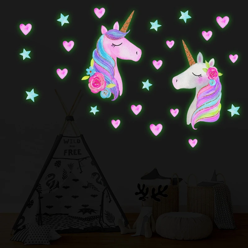 Cartoon Unicorn Luminous Wall Stickers For Kids Room Home Decor Wallpaper Glow In The Dark Wall Decals Unicorn Birthday Party