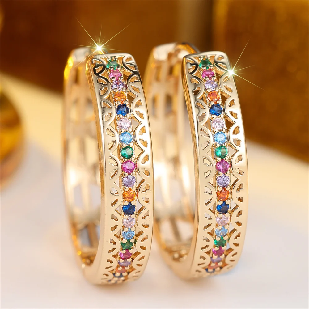 Antique Hollow Flower Multicolor Crystal Hoop Earrings For Women Vintage Gold Color Ear Buckle Wedding Party Jewelry Bridal Gift