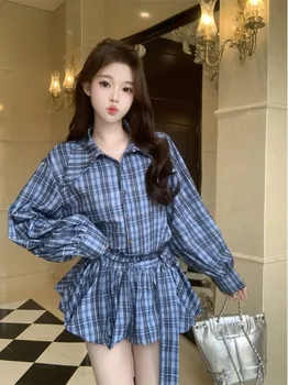 plus Size Women's Lazy Style Blue Plaid Long Sleeve Shirt High Waist Flower Bud A-Line  Skirt Set Autumn New Arrival