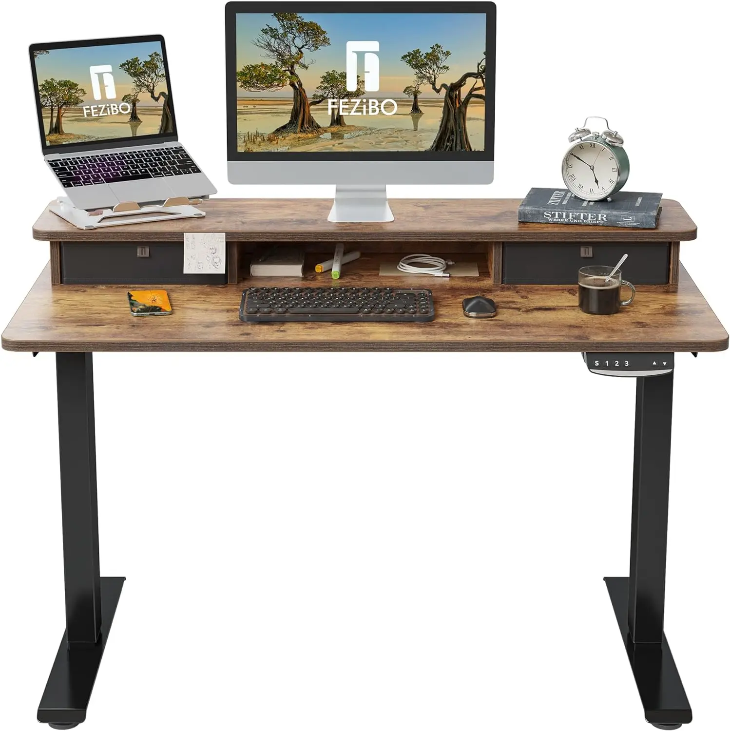 FEZIBO 48 x 24 Inch Height Adjustable Electric Standing Desk with Double Drawer, Stand Up Desk with Storage Shelf, Sit Stand