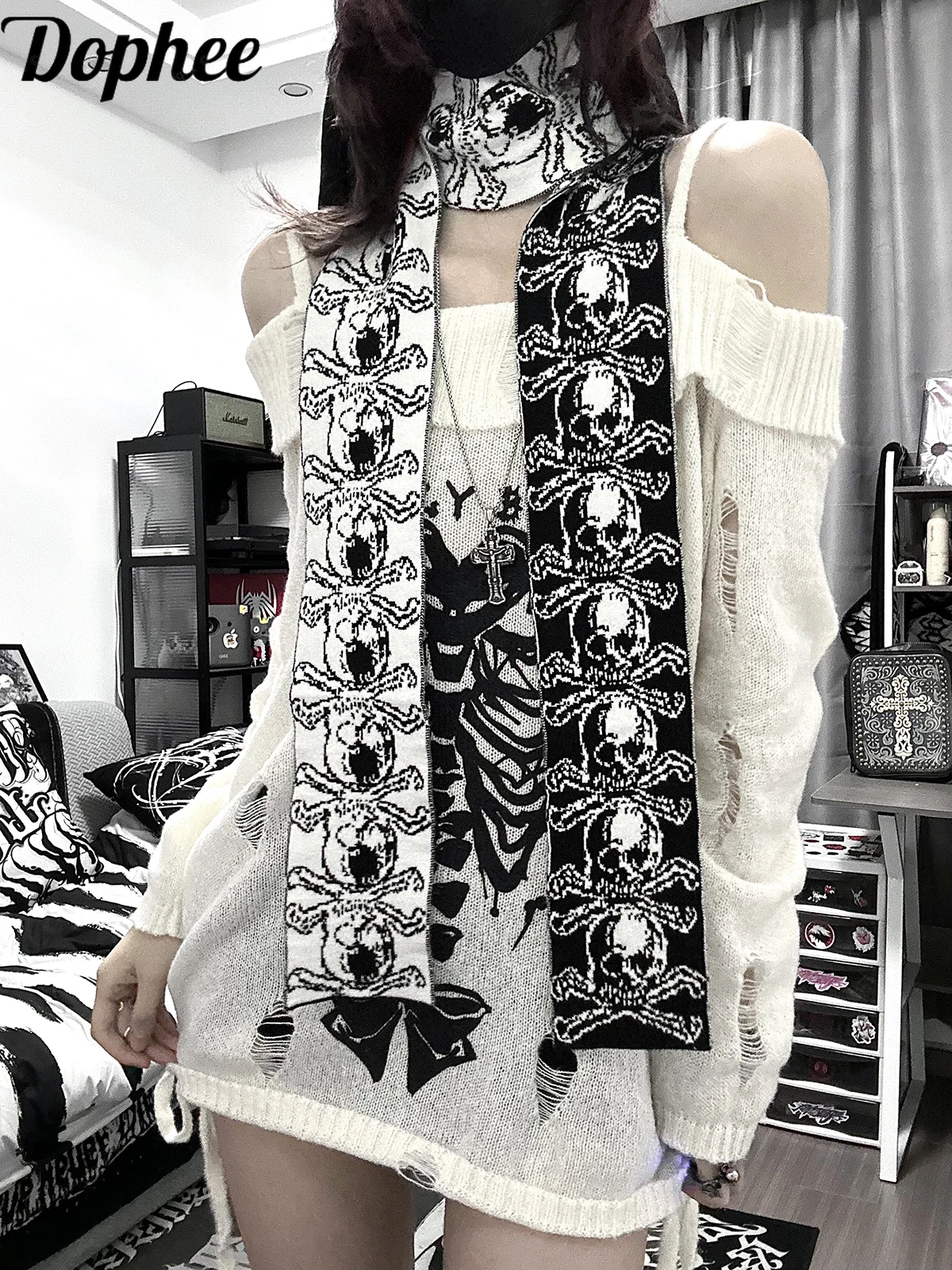 

Dophee оригинальный темный черный тонкий шарф с черепом в японском стиле Харадзюку осенне-зимний вязаный длинный шарф в стиле панк