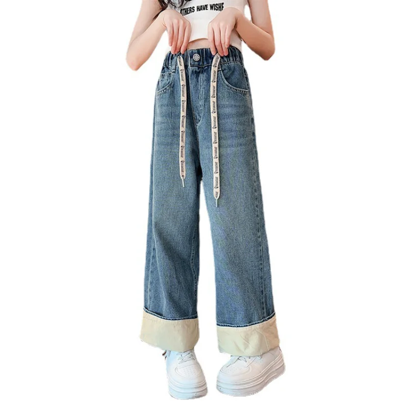 

Teens Clothing Spring Casual Jeans Elastic Waist Straight Flip Design Wide Leg Pant Streetwear Denim Trousers for Girls 4-14 Yrs