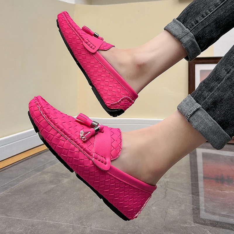 HKDQ Pink Tassel Loafers Men Fashion Luxury Designer Shoes Lightweight Flat Shoes Man Slip-on Breathable Men's Leather Moccasins