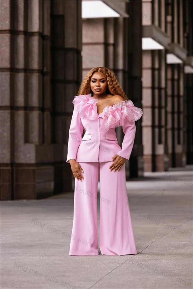 

Pink Women Suit Pants Set 2 Piece Wedding Blazer+Wide Leg Trouser Prom Dress Formal Office Lady Off Shoulder Jacket Coat Tailor