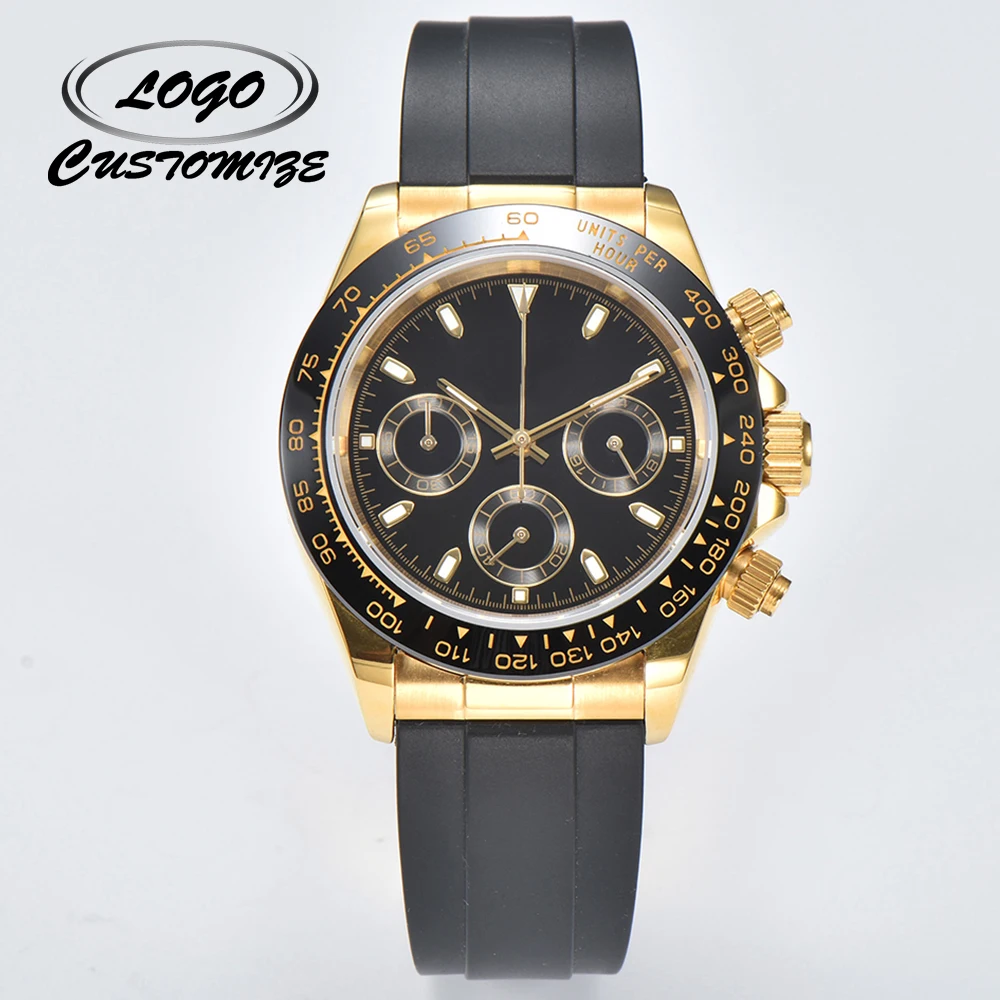 

Индивидуальный Логотип, керамическая инкрустация, панда, три глаза, кварцевые часы VK63, сапфировое стекло, резиновый ремешок