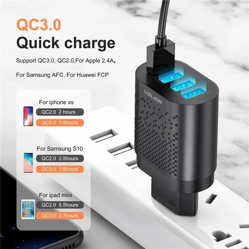USLION EU/US Plug USB Charger 3A Quik Charge 3.0 Mobile Phone Charger For iPhone 14 Samsung Xiaomi 4 Port 48W Fast Wall Chargers