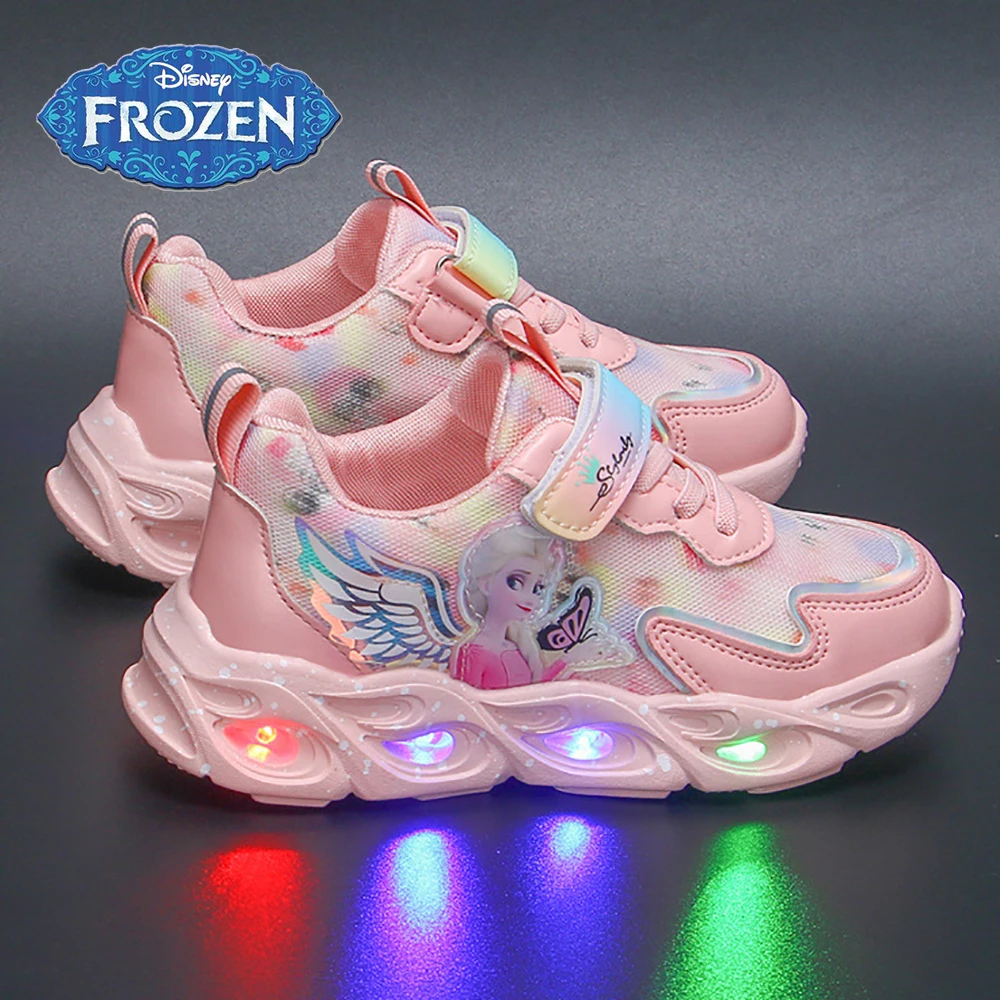2022 Spring New Disney LED Casual Sneakers For Girls Frozen Elsa Princess Print Outdoor Shoes Children