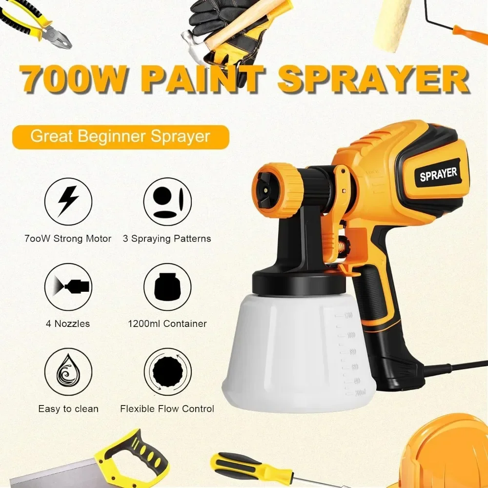 Paint Sprayer 700W HVLP Spray Gun W/Cleaning & Blowing Joints 4 Nozzles 3 Patterns Easy Clean for Furniture Fence Walls Door Etc