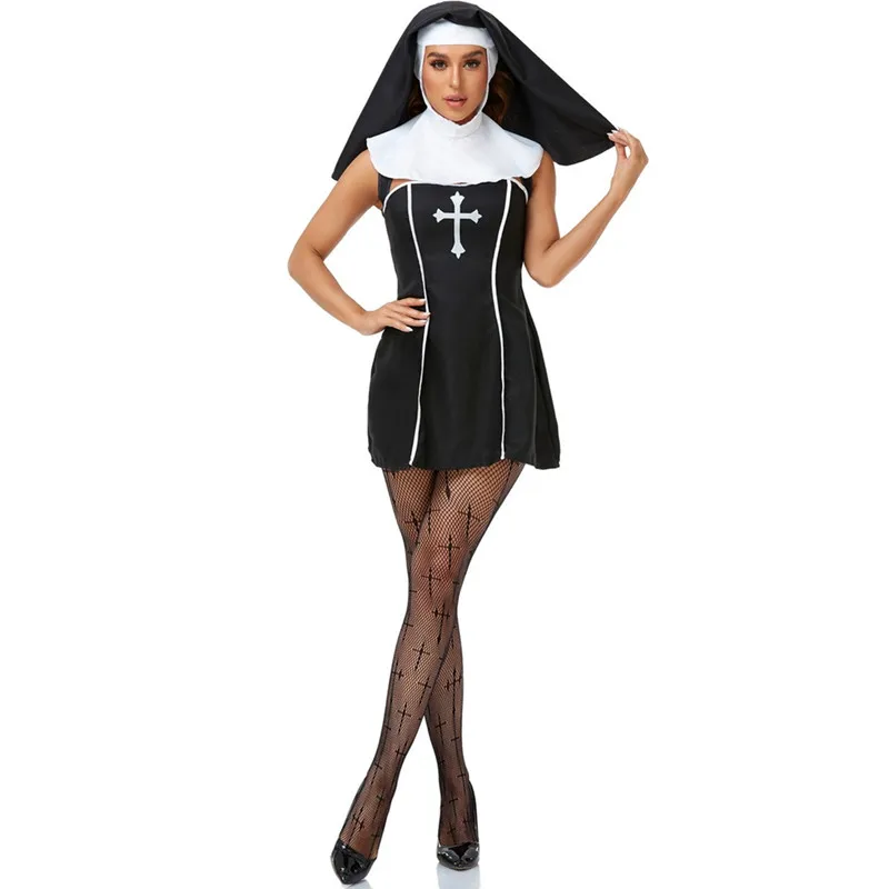 

Sexy Nun Costumes Adult Women Halloween Party Cosplay Bad Habit Nun Costume Church Religious Sister Fancy Dress with Black Hood