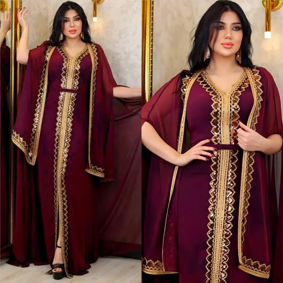 Dubai Party Dresses for Women Abaya Chiffon Sequins Muslim Dress Caftan 2 Piece Set Eid Kaftan Cloak Robe Suit Jalabiya Ramadan