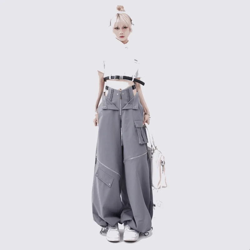 Multi Functional Zipper Large Pocket Design Drawstring Casual Trousers for Female Summer Casual Original Gray Retro Cargo Pants