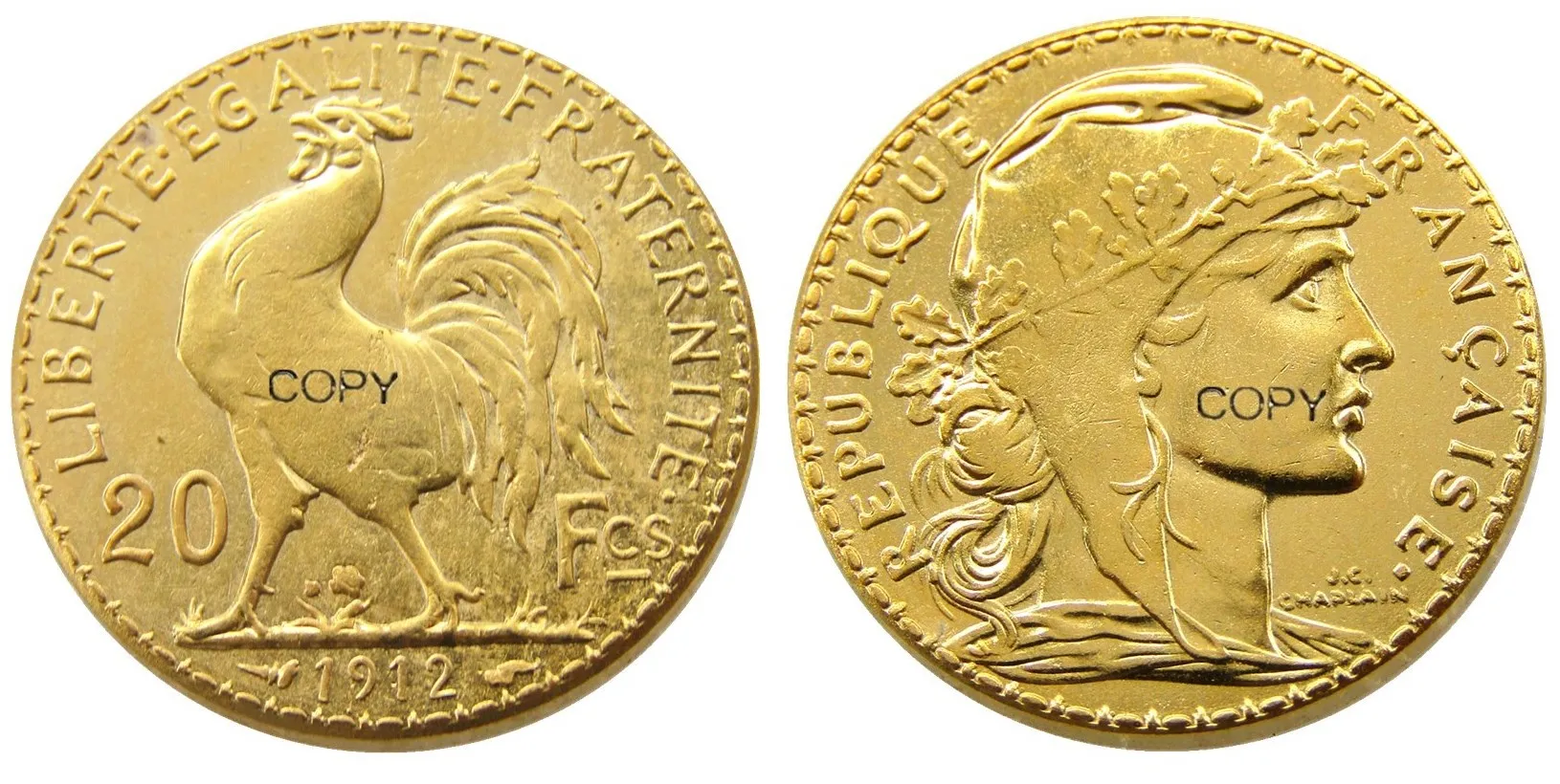 1912 France 20 Franc Rooster Gold Plated Copy Coin - Non-currency Coins
