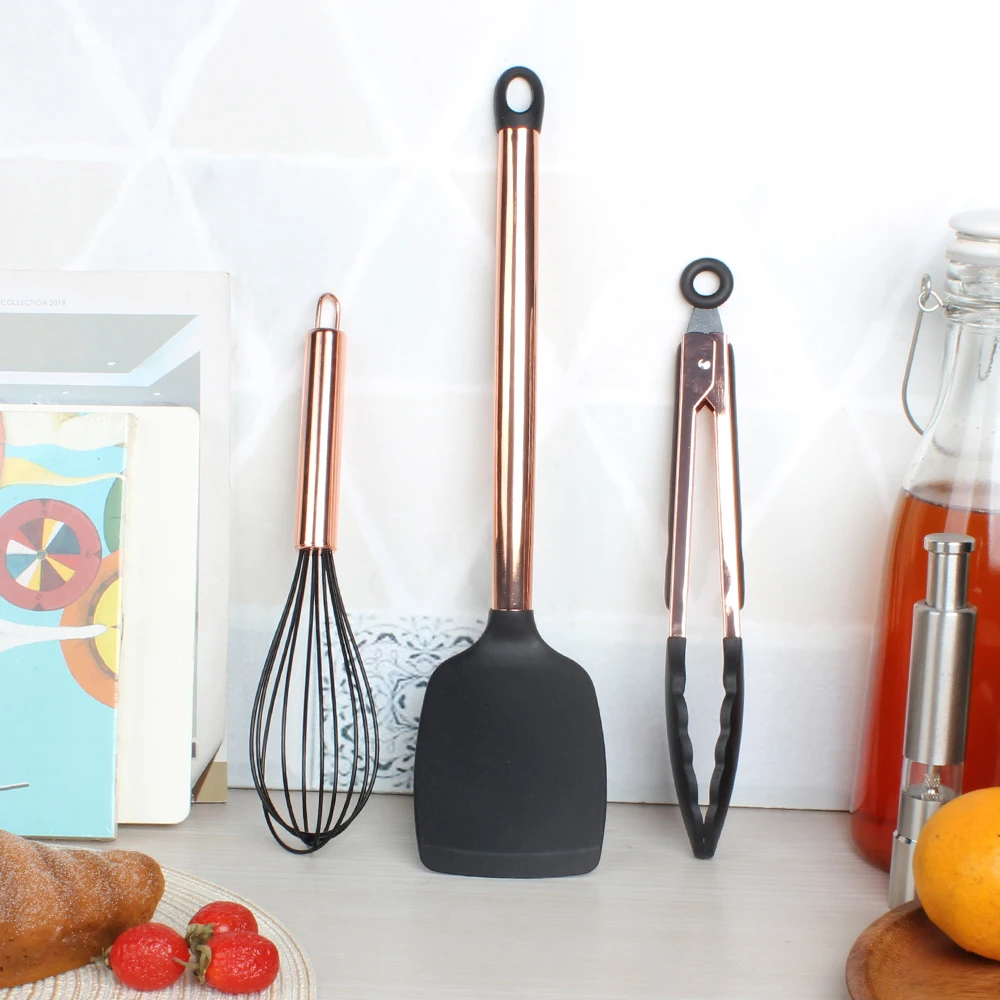 Rose Gold Kitchen Utensils Set Silicone Turner Tongs & Whisk Heat Resistant Gold-plated Stainless Steel Handle Cooking BBQ
