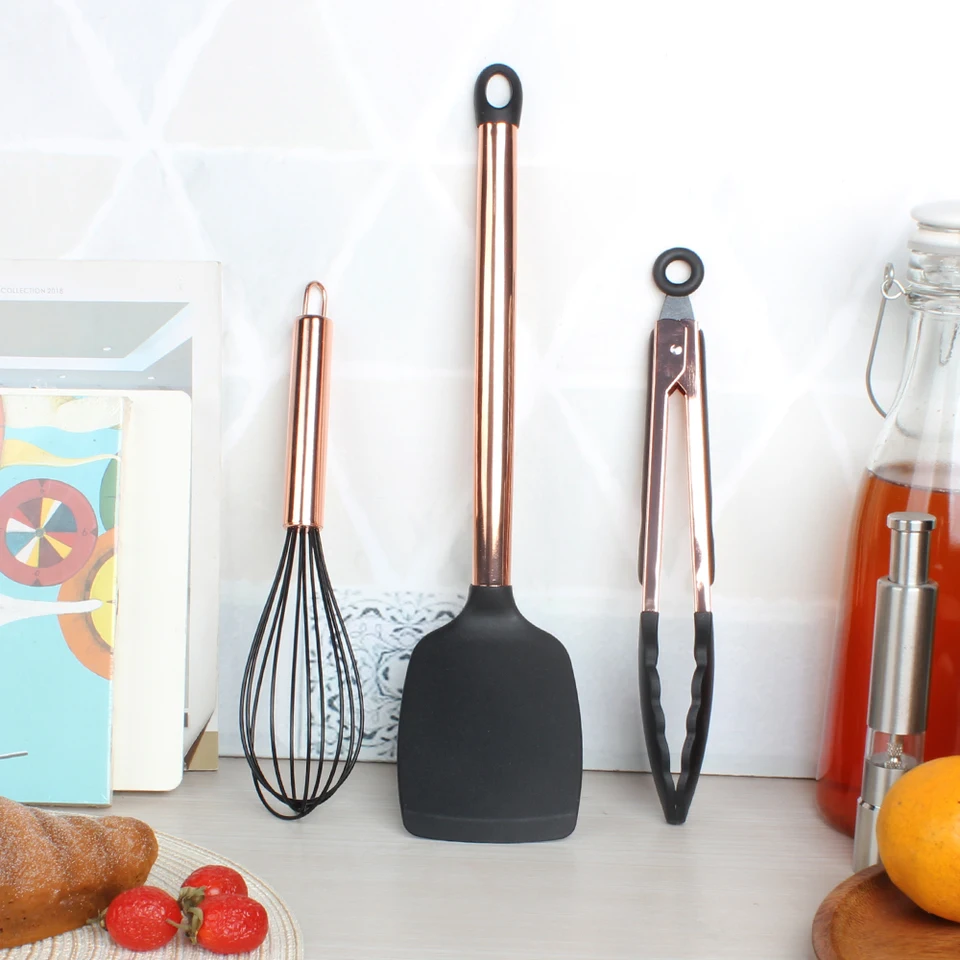 Set Di 10 Utensili Da Cucina In Silicone E Acciaio Inox Con Supporto, Antiaderente, Resistenti Al Calore (260°C), Senza BPA