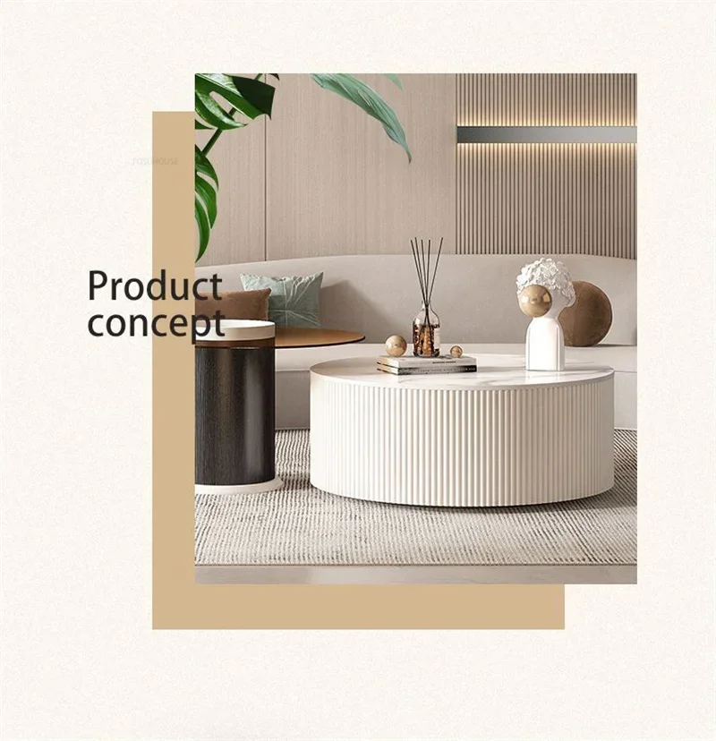 Nordic Rock Slab TV Stands Coffee Table Set Minimalist TV Cabinet Small Apartment Cream Round Coffee Table Living Room Furniture