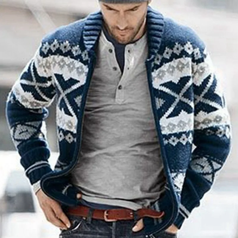 Men's Sweater Cardigan 2023 Autumn And Winter New Fashion Lapel Zipper Print Casual Large Size Sweater
