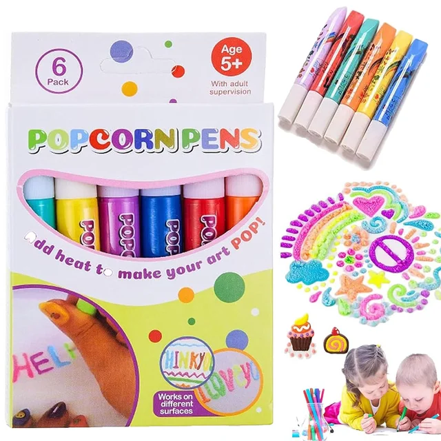 Untica DIY Bubble Popcorn Drawing Pens, Puffy Bubble Pen Puffy 3D Art Safe Pen, Popcorn Pens, Magics Colour DIY Bubble Popcorn Drawing Pens for Kids(2