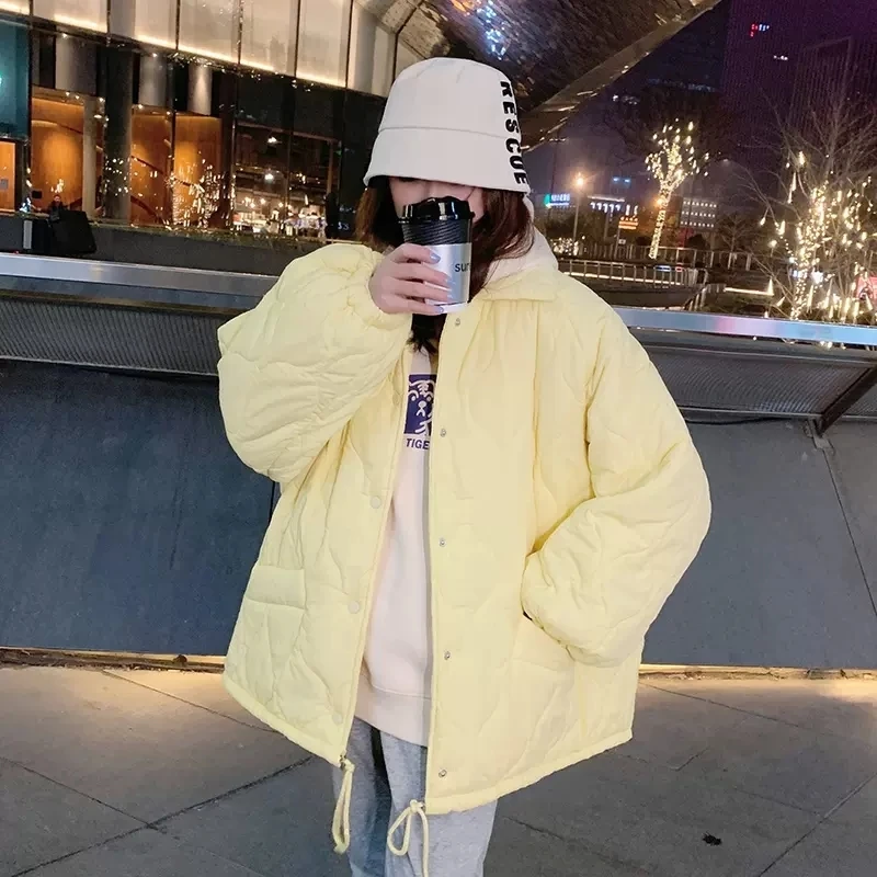 

Autumn Winter Women Lightweight Down Cotton Jacket Single Breasted Long Sleeve Yellow Blue Black Female Casual Short Parkas Coat