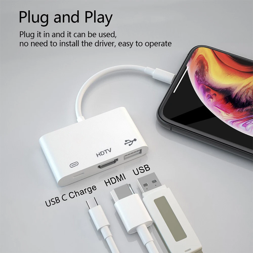 3 in 1 Lightning to HDMI Adapter USB 3.0 Port & USB-C Charging Port Compatible for MacBook Pro iPad Air iPhone 14 13 12