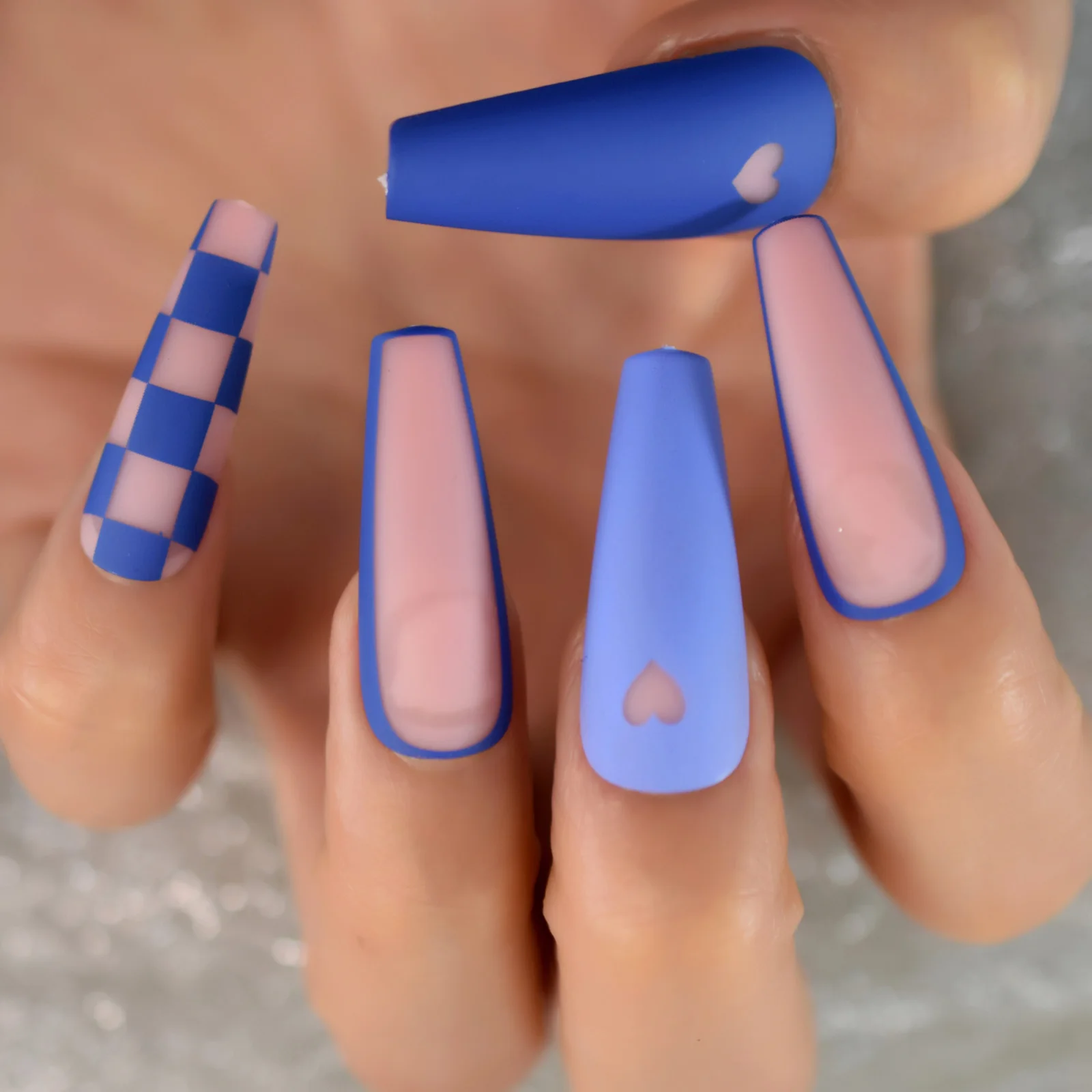 Matte Blue Nude Press On Fingernails Square Grids Heart French Coffin Fake  Nails Extra Long Ladies Designed False Nail Tips - AliExpress