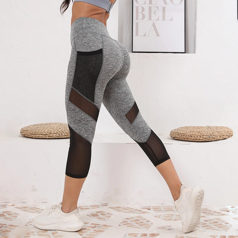 Mesh High Waist Yoga Pants Capri Leggings with Pockets for Women Tummy Control Workout Capri Leggings for Women
