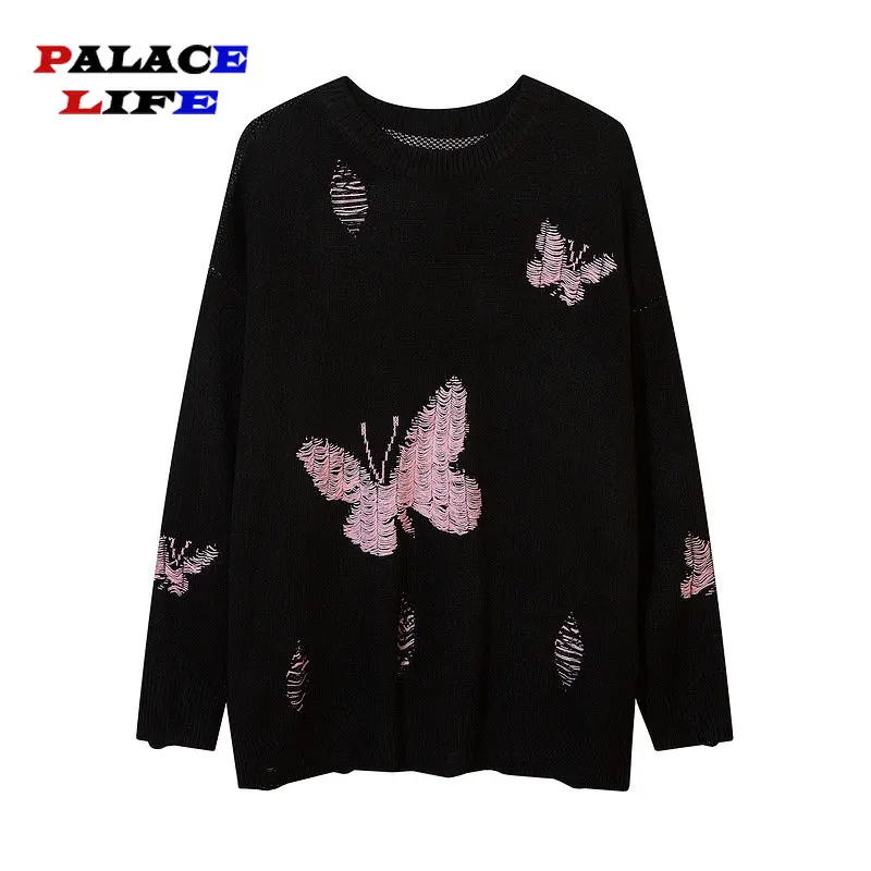 

Street Fashion Hole Sweater Men's Butterfly Print Loose Harajuku Round Neck Pullover Couple Oversize Knitwear New Ropa De Hombre