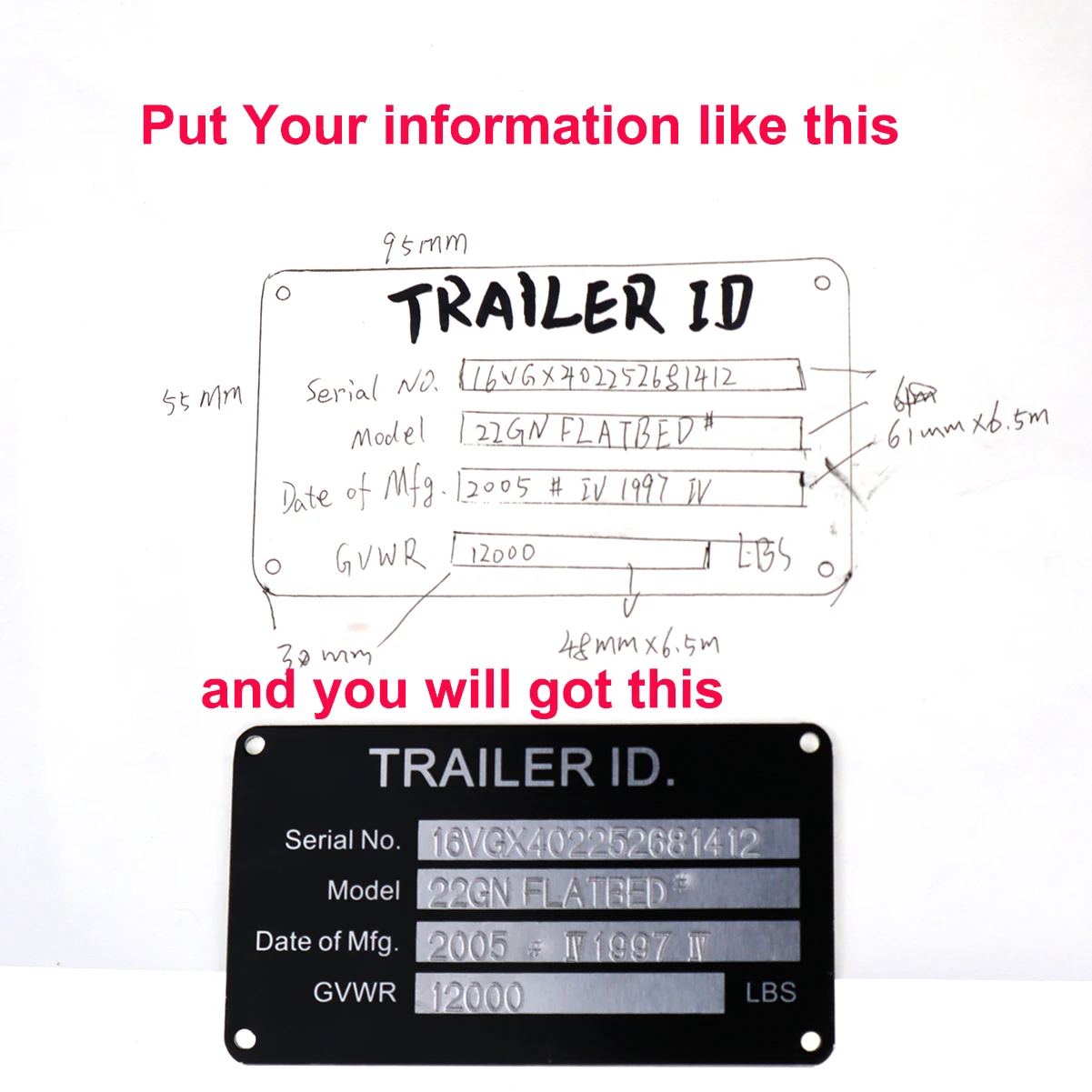 Special order for Aluminium VIN plate DO NOT order Until you have check with us SERIAL ID TAG PLATE DATA AR TRUCK