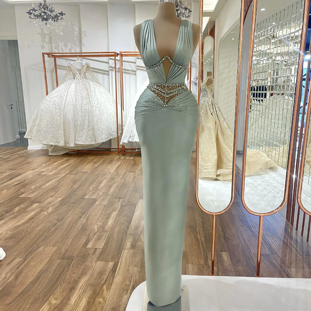 

Modern Evening Dress Long Luxury 2023 Satin Trumpet Sleeveless Porm Dresses For Women Floor Length O-Neck Beads فستان سهرة