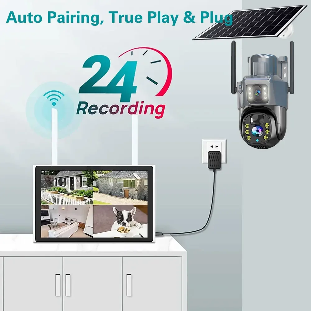 10CH 8MP Wifi 듀얼 렌즈 PTZ 태양 광 카메라 비디오 감시 10.1 LCD 모니터 WIFI NVR 야외 자동 추적 보안 캠 시스템
