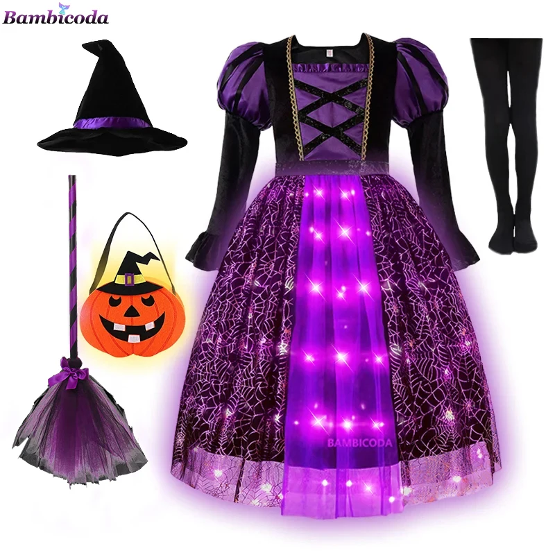 Sparkly Witch Halloween Costumes Girls Led Light up Purple Long Dress Kids Carnival Cosplay Outfit Broom Hat cosplay costume kids girls dress halloween dress outfit