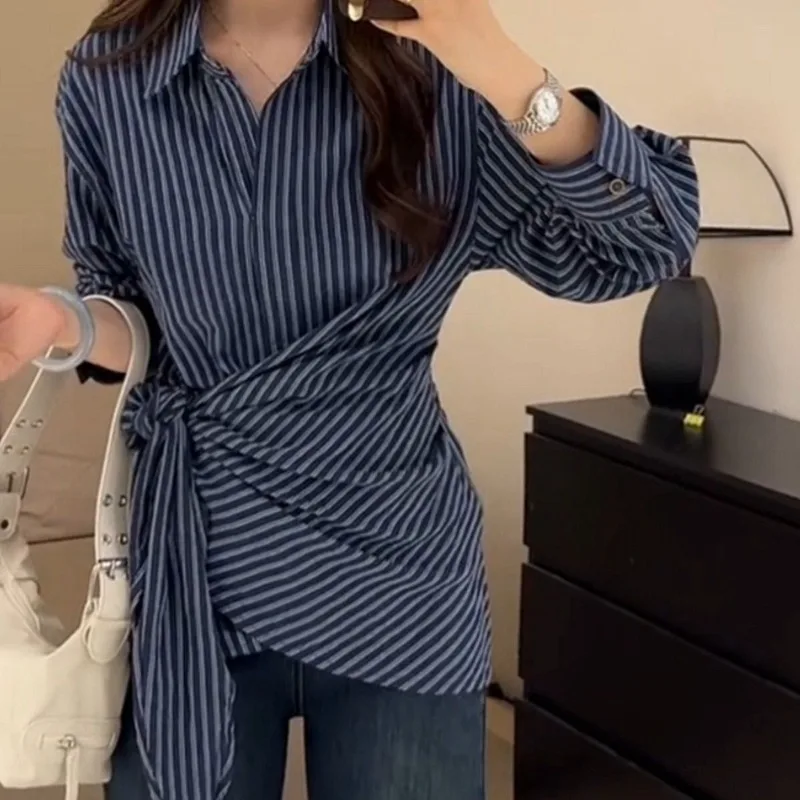 Long Sleeve Blue Striped Shirt Women 2026 Early Autumn New Lapel Neck Blusas Mujer Y2k Fashion Slim Waist Lace Up Blouses