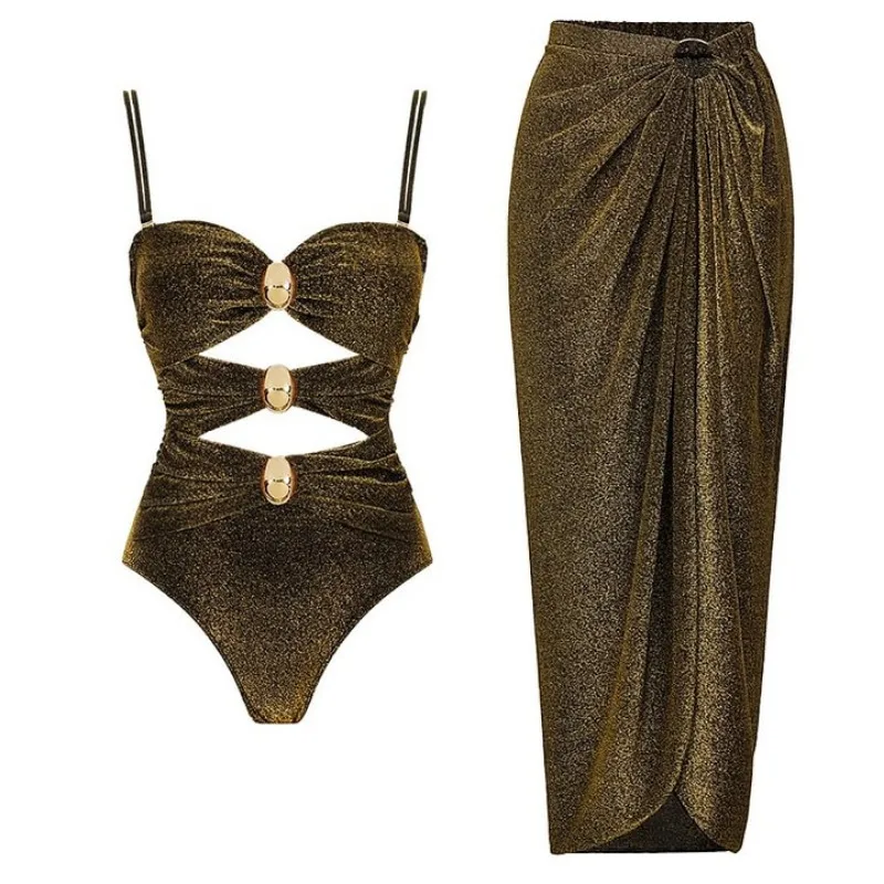 Swimwear New Gold-plated Round Buckle Decoration Glossy Hollow One-piece Swimsuit Set for Women