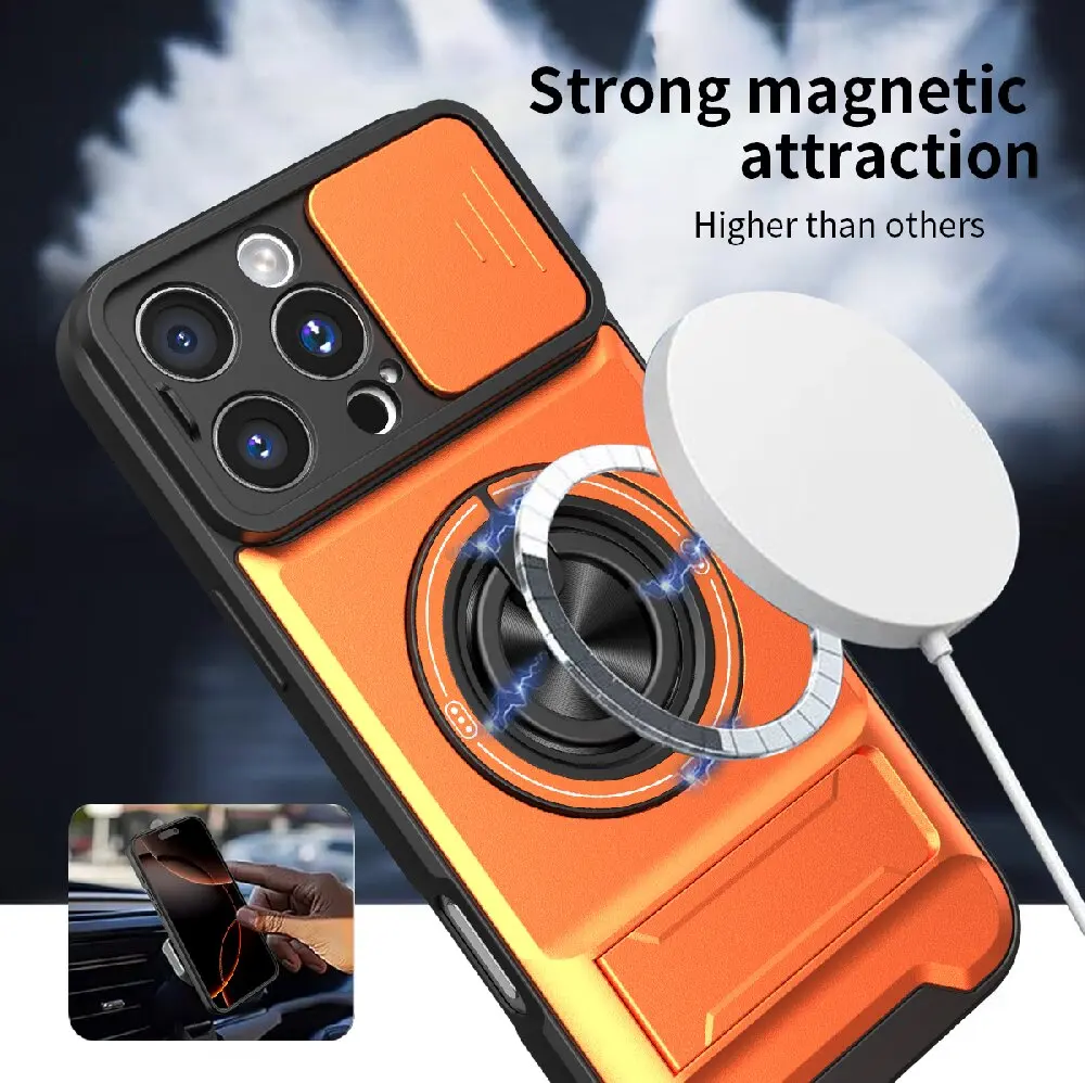 Armor Rugged Shockproof Magnetic Phone Case with Rotatable Ring Stand Cover and Camera Lens Protection