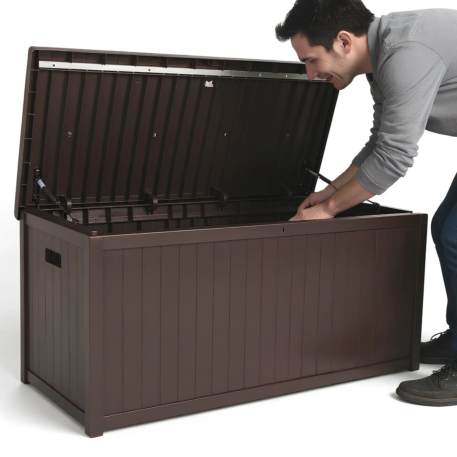 Lockable Storage Box Waterproof Storage Bin UV-Resistant Deck Box Outdoor Organizer Garden Patio Wood Grain Case Accessories